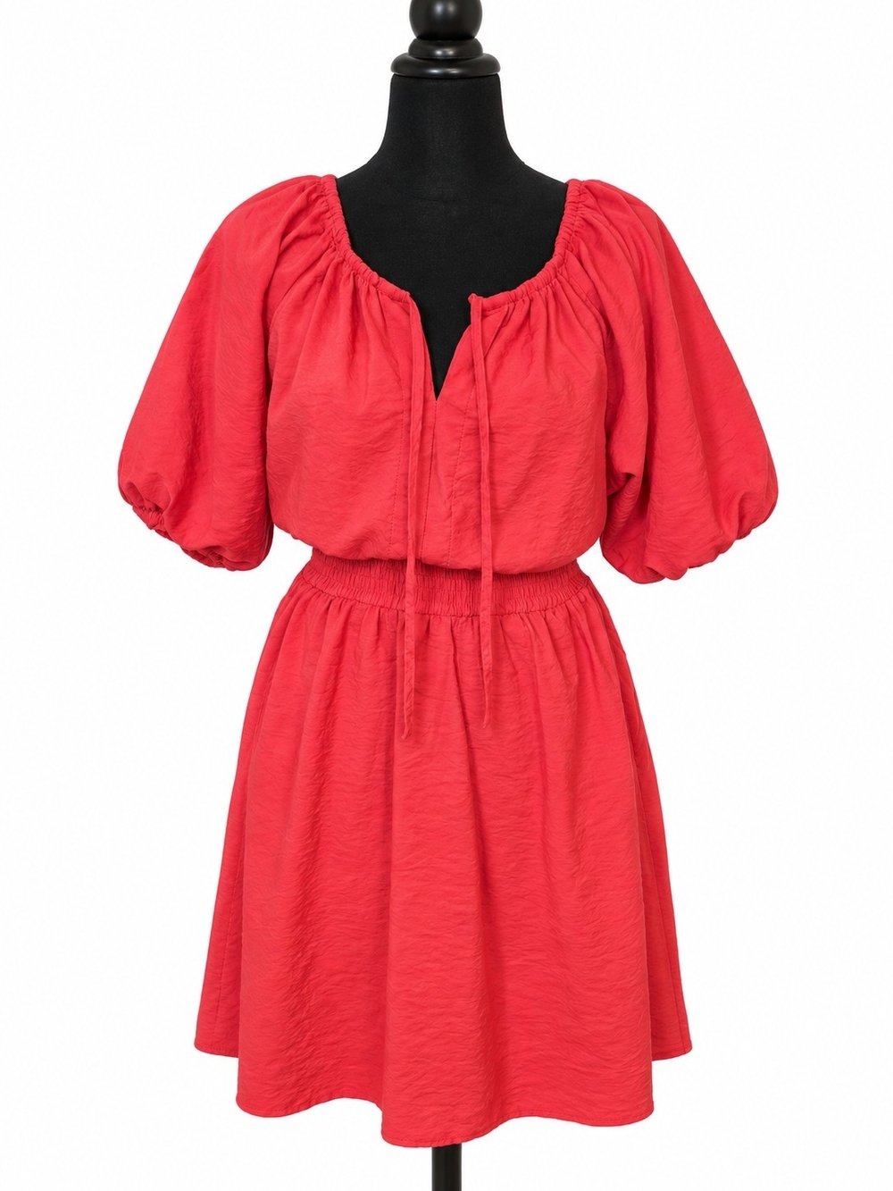 Nine West Women’s XS Coral Red Puff Sleeve Smocked Waist Fit Flare Dress